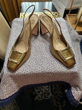 Antonio Melani Metallic Gold Slingback Block Heel with Statement Buckle